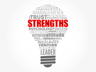 Strengths light bulb word cloud collage, business concept background