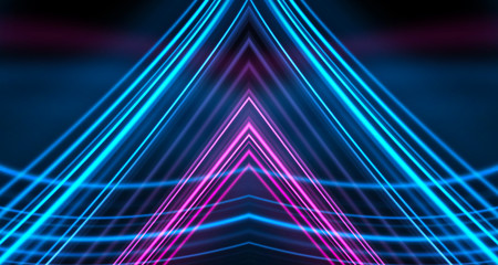 Dark background, blue and pink neon lines. Symmetric reflection of geometric shapes.