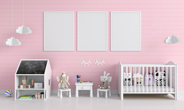 Three blank photo frame for mockup in pink child room, 3D rendering