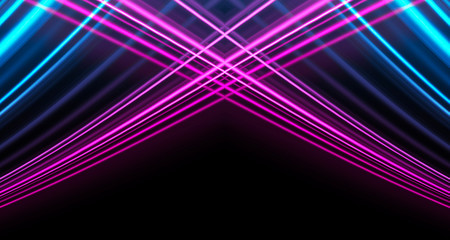 Dark background, blue and pink neon lines. Symmetric reflection of geometric shapes.