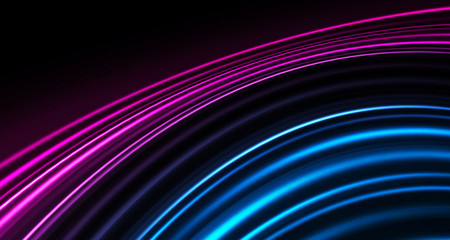 Dark background, blue and pink neon lines. Symmetric reflection of geometric shapes.