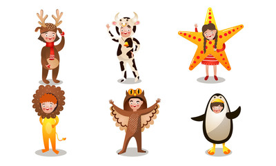 Fototapeta premium Happy children in costumes of different animalsvector illustration