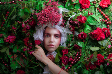 Female portrait in fairy tale stylization surrounded with natural flowers.