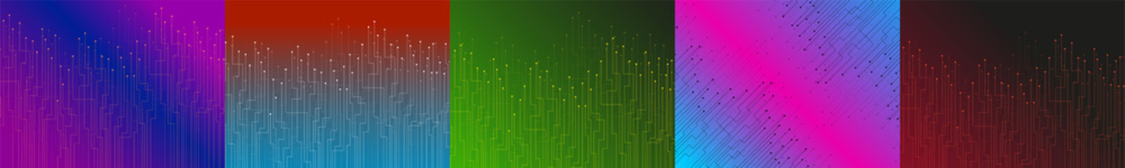 Obraz premium Set of abstract backgrounds with colorful lines and dots. Technology geometric graphic. Vector Illustration