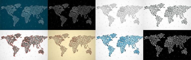 Set of abstract polygonal world maps with dots and lines, network connections. Vector illustration