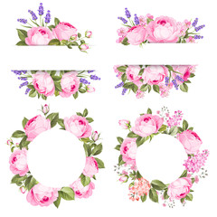 Vintage rose flowers set over white background. Wedding summer flowers bundle. Flower collection of watercolor hand drawn lavender. Pack of bouquets with rose and lavender flowers. Vector illustration