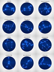 Set of zodiac constellations. Horoscope set Aries, Leo, Sagitarius, Capricorn, Taurus, Virgo, Libra, Aquarius, Gemini, Cancer, Scorpio, Pisces. Vector Illustration. Eps10