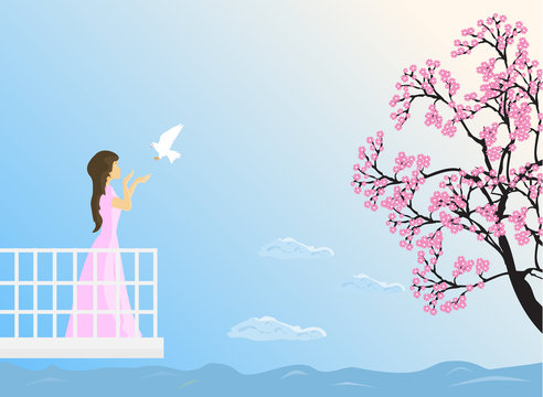 The girl stood on the balcony, she stretched out her hand and waited to receive the flying pigeon. With cherry blossoms and the sky as the background