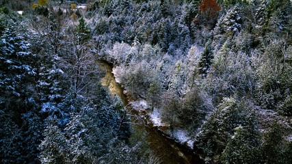 Drone view of winter forest and curving river