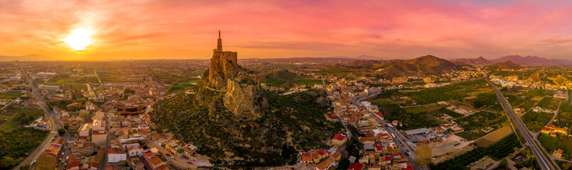 Monteagudo medieval castle ruin twelve rectangular towers circling the hilltop and the sacred heart...