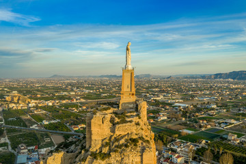 Monteagudo medieval castle ruin twelve rectangular towers circling the hilltop and the sacred heart...
