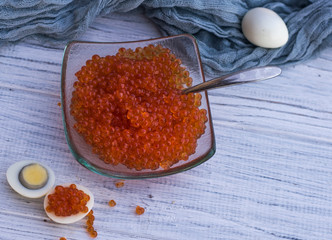 Bowl of red caviar with a spoon