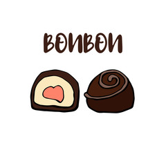 Chocolate whole and sliced candies set vector illustration bonbon isolated on white background.