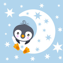 Greeting card of blue sky with stars and penguin hanging on moon