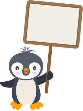 Cute penguin holding a blank signboard