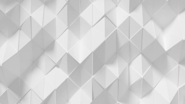 Abstract Polygonal Geometric Surface Loop 7 White: elegant, smooth animation of a triangular polygon mesh in porcelain white. Clean low poly motion background. Minimal white 3D animation. 4K 

