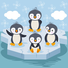 Children illustration with funny penguins playing on ice