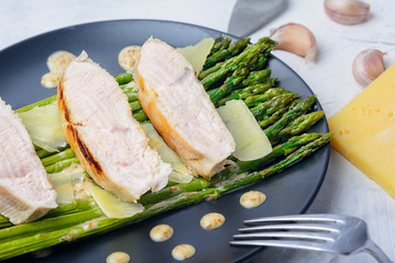 Turkey steaks with green asparagus. Tasty dinner with peanut sauce. Healthy diet food.