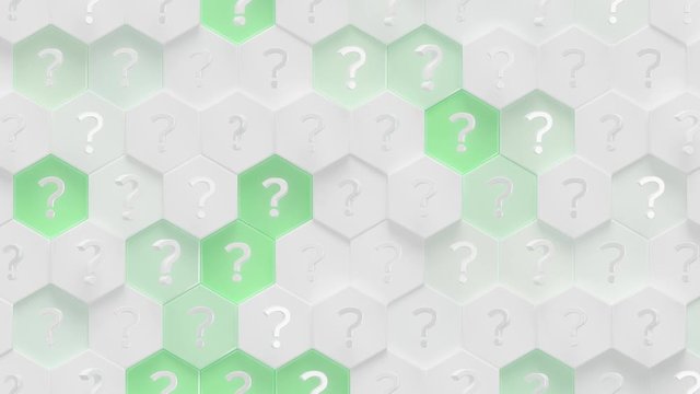 Question Marks Hexagon Surface Loop 1 Green x White: professional animation of question marks over hexagon shapes. Hexagonal grid pattern in glossy white and mint green. Question mark symbol. 4K