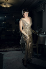 woman in the image of 30 years, a diadem on her head, a hairstyle, a wave, long gloves with...