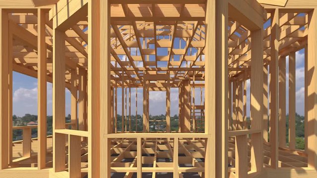 Conceptual video of a frame house under construction. Detailed 3d render of roof structures, walls and ceilings made of wooden posts and beams. Footage with alpha channel. 