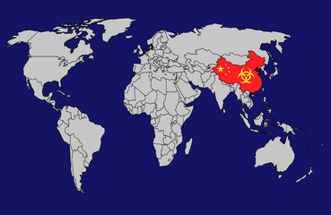 China causative agent of respiratory coronavirus. Flat world vector map with infographics. China in red