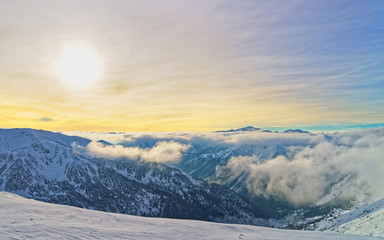 Sunset at the Kasprowy Wierch in Zakopane in Tatra Mounts in winter. Zakopane is a town in Poland in Tatra Mountains. Kasprowy Wierch is a mountain in Zakopane and is most popular ski areas in Poland