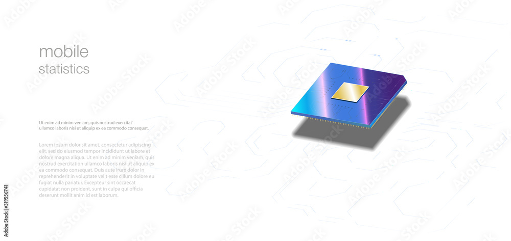 Poster 3d closeup of cpu for web design. integrated communication processor. processors cpu concept. digita