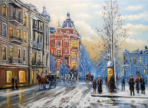 Oil paintings landscape, old city, street in winter. Fine art