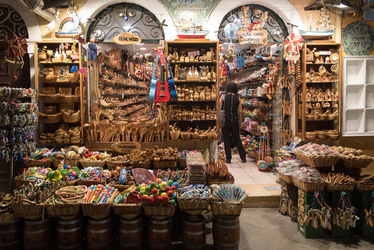 Kerkyra, Corfu / Greece - 18 September 2016: Olivewood souvenier shop at night