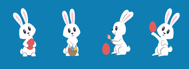 Easter bunnies set isolated on blue background