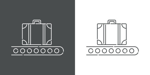 Icono plano lineal cinta transportadora de equipaje con maleta en fondo gris y fondo blanco