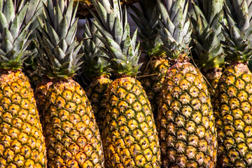 group of raw pineapples, with selective focus, on kiosk in street market, Brazil