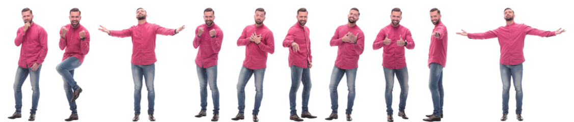 collage of photos of an emotional man in a red shirt
