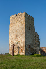 Fototapeta na wymiar The medieval stumpy tower of Soltszentimre in Hungary
