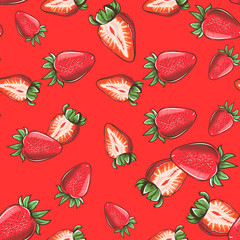 Red seamless pattern with strawberries in vintage style