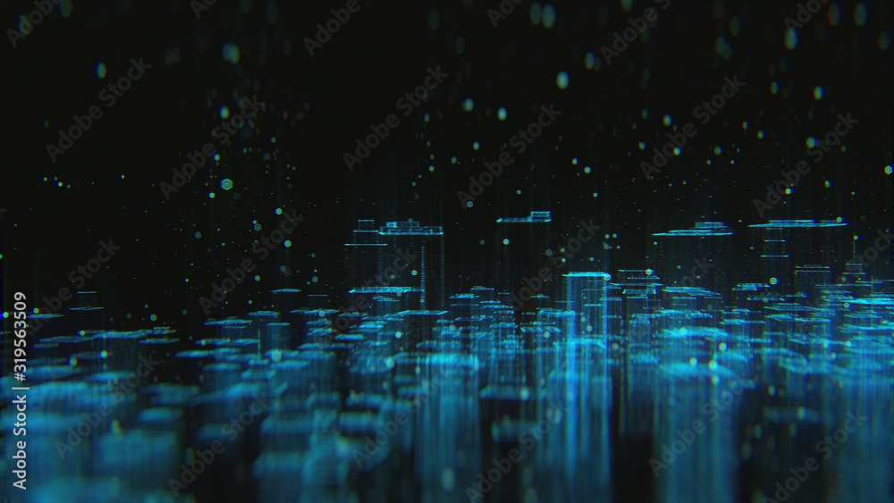 Wall mural abstract futuristic city dark background with connecting dots and lines. 3d render