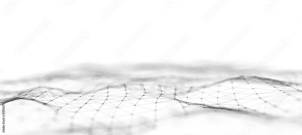 Poster Futuristic abstract mesh. Wave with the connection of dots and lines. 3D rendering.