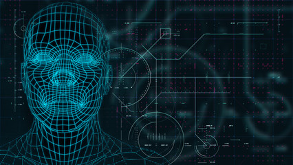 Male face in a wireframe style with tech overlays