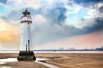 Famous Lighthouse at New Brighton, England, at Low Tides