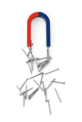 Horseshoe magnet attracting nails on white background, top view
