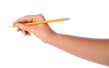 Woman holding pencil on white background, closeup