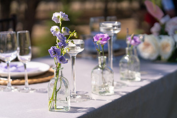 Decorative decoration of the festive table. Glass vases and fresh flowers. Decoration of holidays in the open air