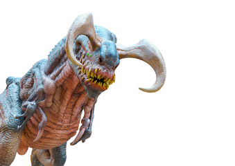 alien dinosaur is looking down in a white background bottom view
