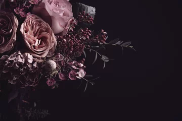 Stickers Bloemenwinkel Beautiful bouquet on black background, space for text. Floral card design with dark vintage effect  © New Africa