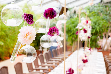 pink flowers on wedding table