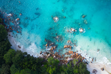 Fototapeta na wymiar Stunning Paradise Anse Lazio beach in Praslin Island in Seychelles drone view 