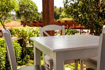 Desk of free space and spring blurred garden 