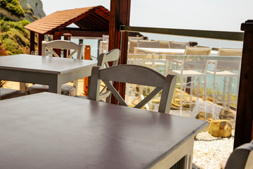 Desk of free space and spring blurred garden 