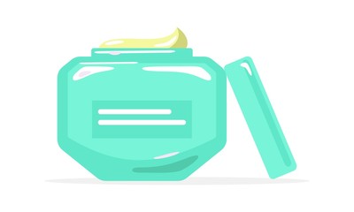 Green bottle with elements and label. Cream. Careful protection for sensitive skin. Toiletry, personal hygiene product. Vector cartoon illustration isolated on white.